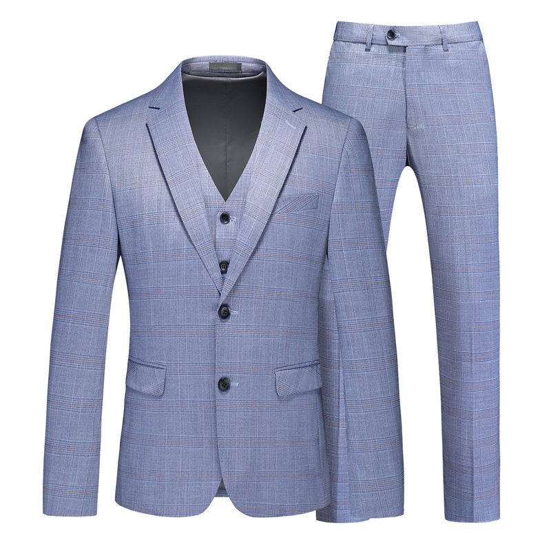 3-delt Herredragt Mode Elegant Formelt Tøj Plaidmønster To Knapper - Blå