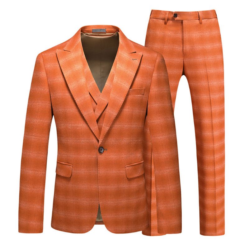 3-delt Herredragt Plaidmønster Business Moderne Slankt Formelt Tøj Én Knapper - Orange